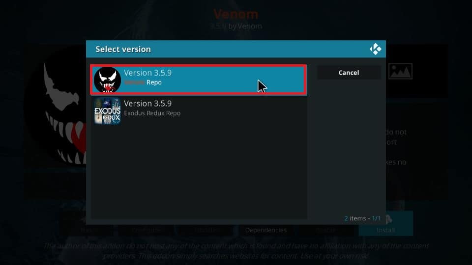 Select Version x.x.x Venom Repo