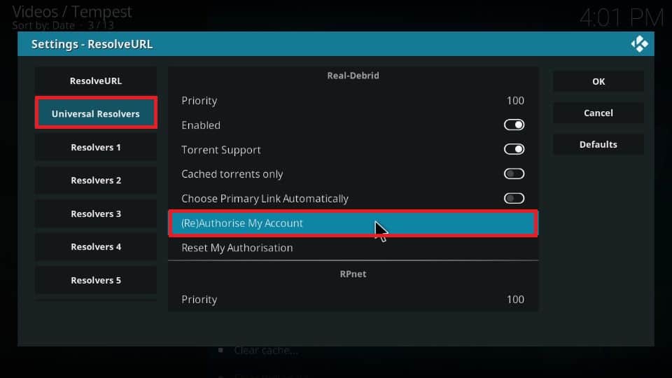 How to set up real debrid with Tempest addon Kodi