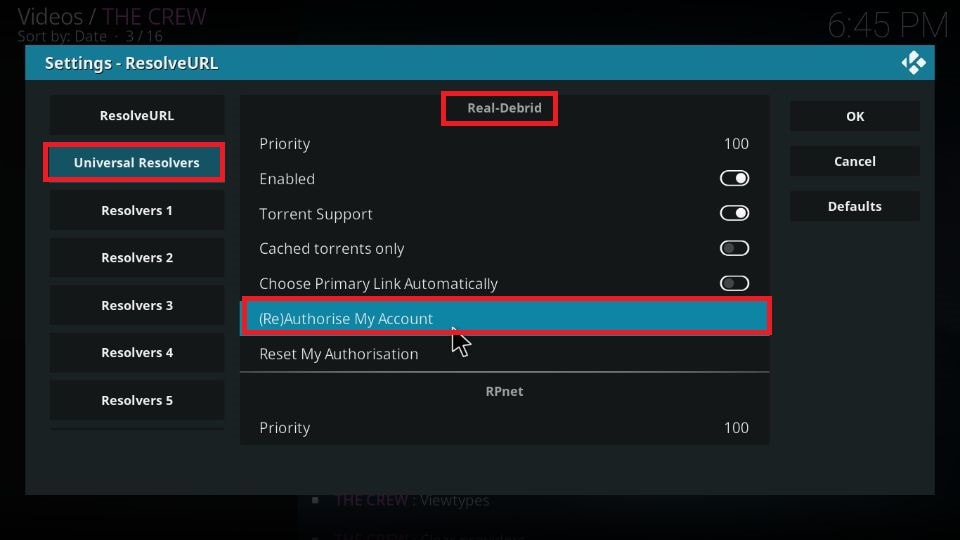 How to set up real debrid with The Crew addon Kodi