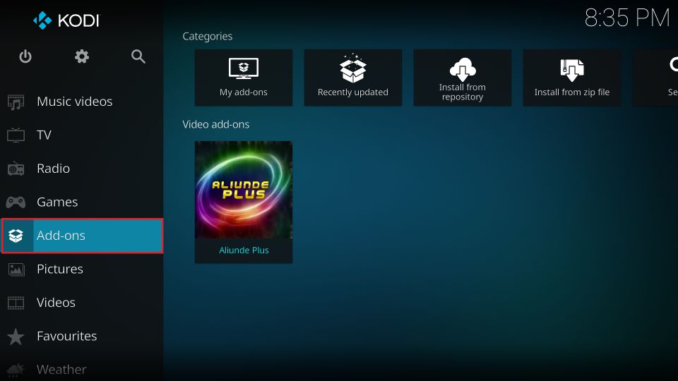Launch the Kodi app on your device and select Addons from the main menu